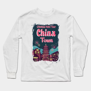 ChinaTown II: Retro Synthwave Fireworks - Vibrant Blues, Reds, and Yellows Long Sleeve T-Shirt